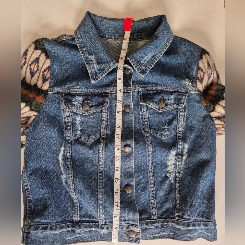 Free People Denim Jacket Cypress Aztec Wool Long Sleeve Distressed BOHO Size M - Picture 15 of 16
